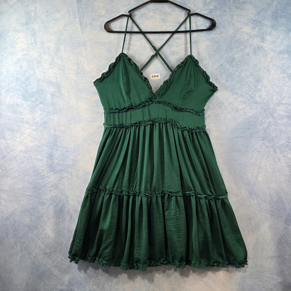 She + Sky Emerald Green Ruffle Tiered‎ Babydoll Mini Dress Cross Back Small